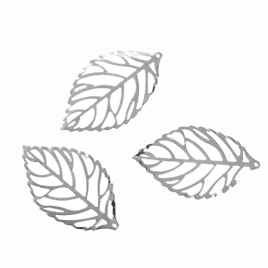 Picture of Iron Based Alloy Pendants Leaf Silver Tone Filigree 44mm(1 6/8") x 26mm(1"), 50 PCs