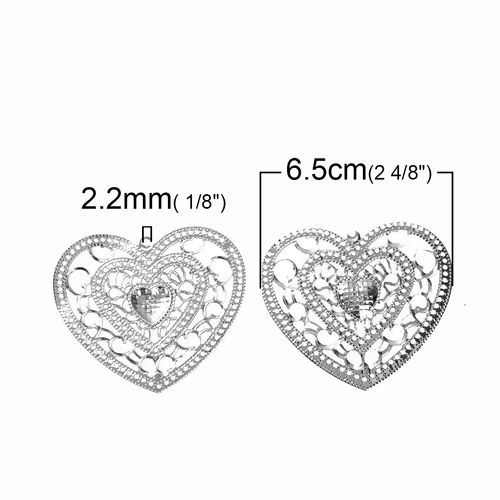 Imagen de Hierro Colgantes Corazón Tono de Plata Filigrana 65mm x 59mm, 20 Unidades