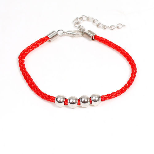 Picture of Polyester Kabbalah Red String Braided Friendship Bracelets Silver Tone Round 18.5cm(7 2/8") long, 5 PCs