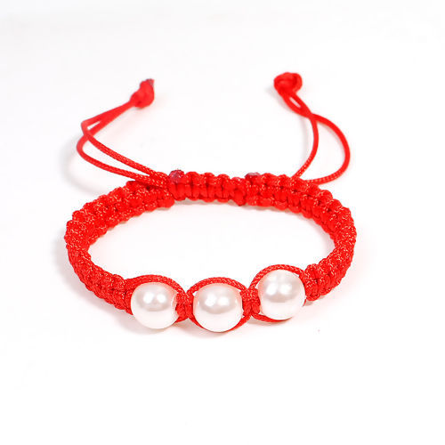 Picture of Acrylic Kabbalah Red String Braided Friendship Bracelets White Imitation Pearl 17.5cm(6 7/8") long, 1 Piece