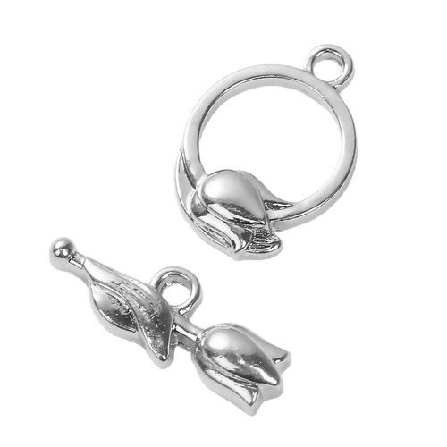 Picture of Zinc Based Alloy Toggle Clasps Flower Silver Plated 22mm x8mm 20mm x 14mm, 2 Sets
