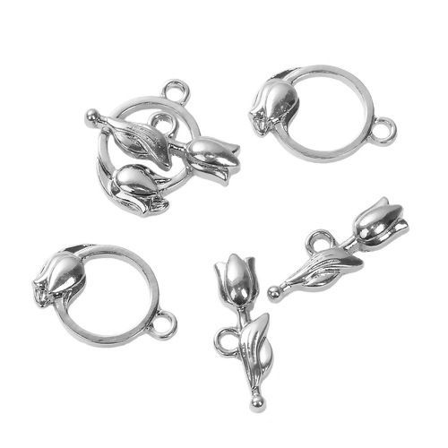 Picture of Zinc Based Alloy Toggle Clasps Flower Silver Plated 22mm x8mm 20mm x 14mm, 2 Sets