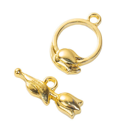 Picture of Zinc Based Alloy Toggle Clasps Flower Gold Plated 22mm x8mm 20mm x14mm, 2 Sets