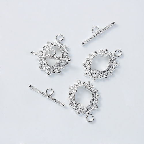 Picture of Zinc Based Alloy Toggle Clasps Flower Silver Plated 23mm x16mm 21mm x 6mm, 2 Sets
