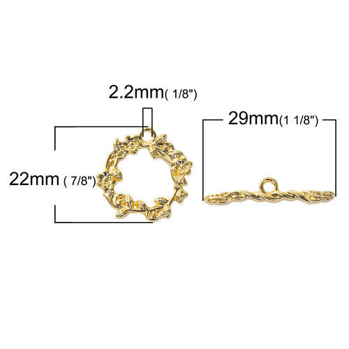 Picture of Zinc Based Alloy Toggle Clasps Flower Leaves Gold Plated 22mm x 21mm 29mm x 6mm, 2 Sets