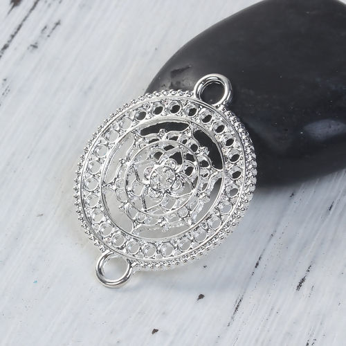 Picture of Zinc Based Alloy Buddhism Mandala Connectors Round Silver Plated Hollow 37mm x 29mm, 5 PCs