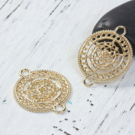 Picture of Zinc Based Alloy Buddhism Mandala Connectors Round Silver Plated Hollow 37mm x 29mm, 5 PCs