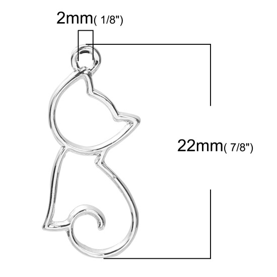 Picture of Zinc Based Alloy Charms Cat Animal Silver Plated Hollow 26mm(1") x 17mm( 5/8"), 10 PCs