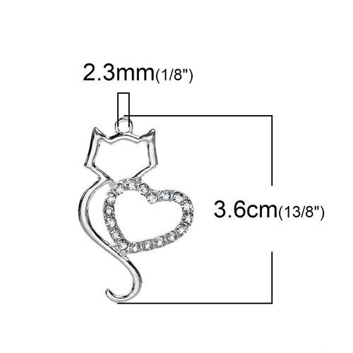 Picture of Zinc Based Alloy (Cadmium-free) Pendants Cat Animal Silver Plated Heart Clear Rhinestone 36mm(1 3/8") x 22mm( 7/8"), 3 PCs