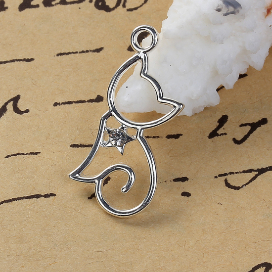 Picture of Zinc Based Alloy Charms Cat Animal Silver Plated 29mm(1 1/8") x 13mm( 4/8"), 5 PCs