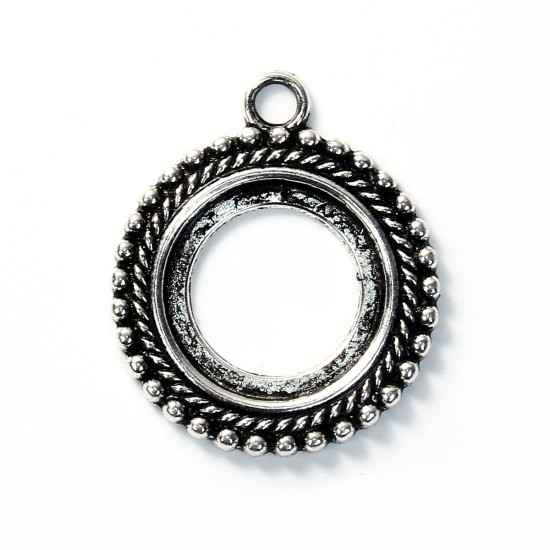Bild von Zinklegierung Anhänger Rund Antiksilber StreifenMuster Cabochon Fassung (für 20mm D. ) 35mm x 30mm, 10 Stück