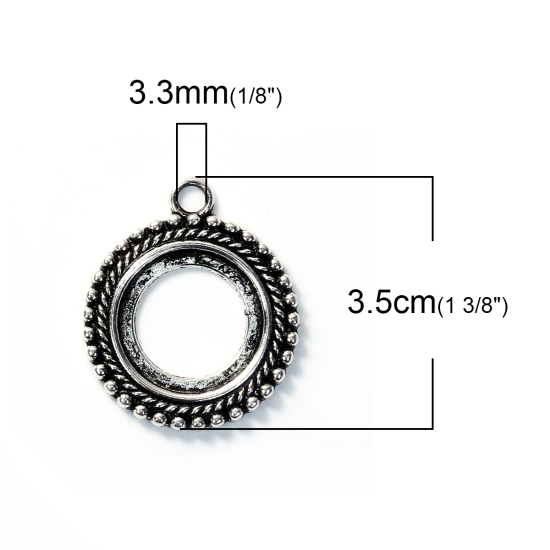 Bild von Zinklegierung Anhänger Rund Antiksilber StreifenMuster Cabochon Fassung (für 20mm D. ) 35mm x 30mm, 10 Stück