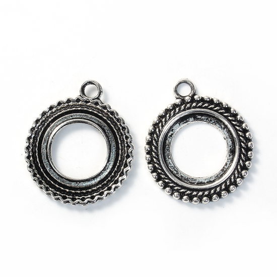 Bild von Zinklegierung Anhänger Rund Antiksilber StreifenMuster Cabochon Fassung (für 20mm D. ) 35mm x 30mm, 10 Stück