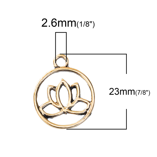 Imagen de Zamak Colgantes Charms Flor de Loto Oro antiguo Ronda Hueco 23mm x 19mm, 5 Unidades
