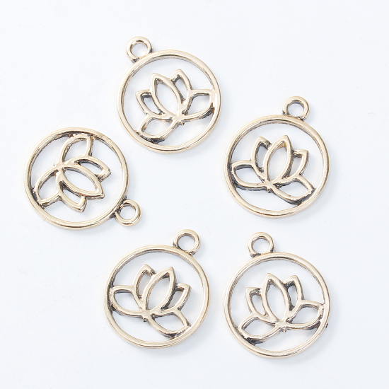 Imagen de Zamak Colgantes Charms Flor de Loto Oro antiguo Ronda Hueco 23mm x 19mm, 5 Unidades