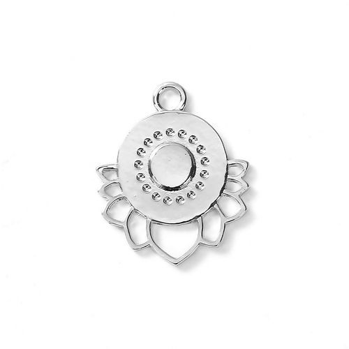 Bild von Zinklegierung Anhänger Lotosblume Silberfarbe Rund Hohl 32mm x 27mm, 5 Stück