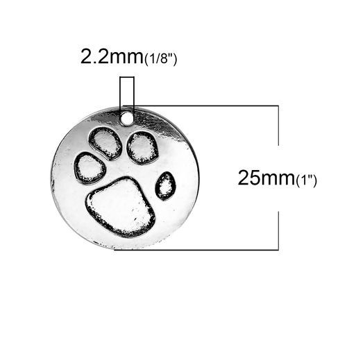Image de Breloque en Alliage de Zinc Empreintes d'Ours Rond Argent Vieilli 25mm Dia, 5 Pcs