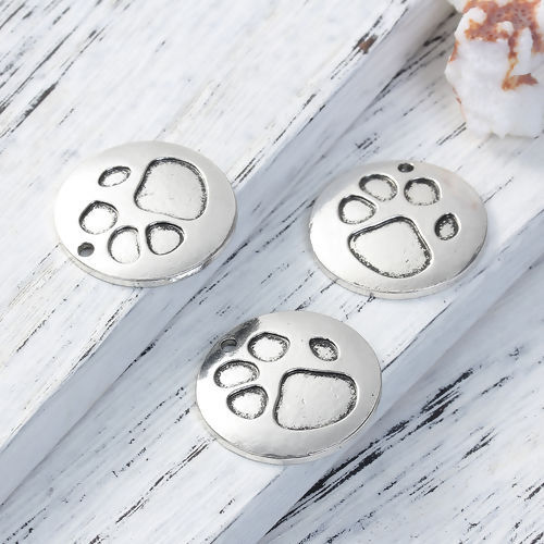 Image de Breloque en Alliage de Zinc Empreintes d'Ours Rond Argent Vieilli 25mm Dia, 5 Pcs