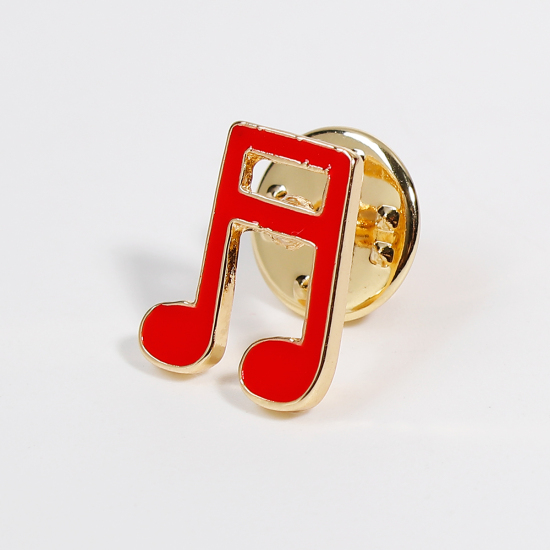 Picture of Tie Tac Lapel Pin Brooches Musical Note Gold Plated Red Enamel 15mm( 5/8") x 13mm( 4/8"), 1 Piece