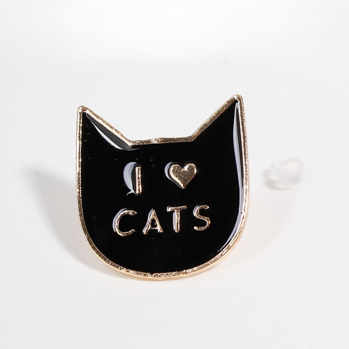 Picture of Halloween Tie Tac Lapel Pin Brooches Cat Animal Message "I LOVE CATS" Gold Plated Black Enamel 29mm(1 1/8") x 27mm(1 1/8"), 1 Piece