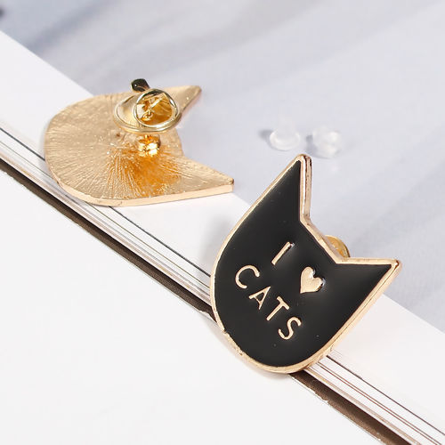 Picture of Halloween Tie Tac Lapel Pin Brooches Cat Animal Message "I LOVE CATS" Gold Plated Black Enamel 29mm(1 1/8") x 27mm(1 1/8"), 1 Piece