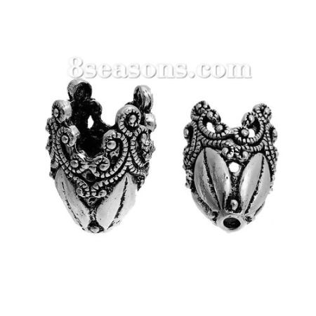 Immagine di Lega di Zinco Coppette Copriperla Fiore Argento Antico (Addetti 14mm Perline) 29mm x 19mm, 2 Pz