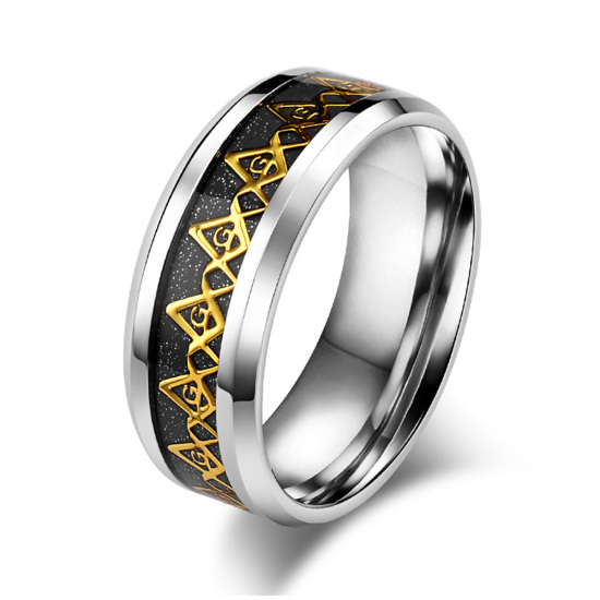 Bild von Titan Edelstahl Uneinstellbar Ring Silberfarbe Schwarz Logo von Freimaurerei 21.4mm（US Größe:12), 1 Stück