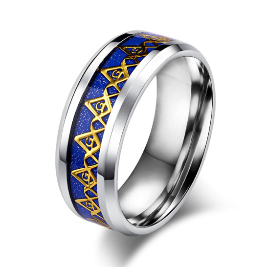Bild von Titan Edelstahl Uneinstellbar Ring Silberfarbe Blau Logo von Freimaurerei 18.3mm（US Größe:8.25), 1 Stück