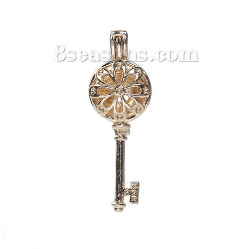 Picture of Copper 3D Wish Pearl Locket Jewelry Pendants Key Gold Plated Flower Can Open (Fit Bead Size: 8mm) 35mm(1 3/8") x 12mm( 4/8"), 1 Piece