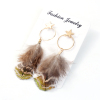 Picture of Natural Feather Tassel Earrings Gold Plated Light Brown & Green 82mm(3 2/8") x 20mm( 6/8"), Post/ Wire Size: (21 gauge), 1 Pair