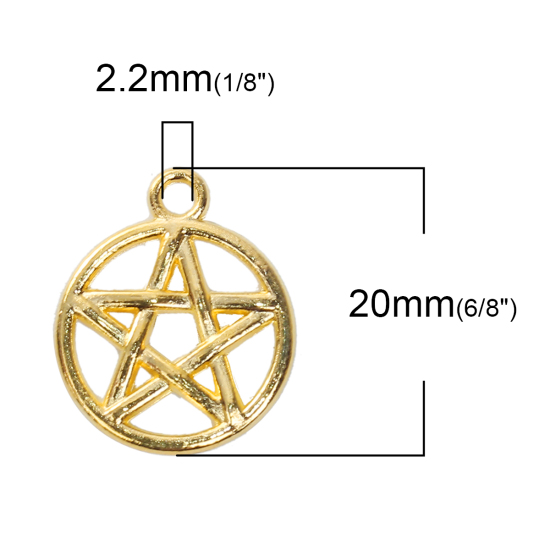 Bild von Zinklegierung Charms Rund Vergoldet Pentagramm Hohl 20mm x 17mm, 50 Stück
