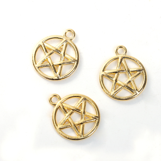 Bild von Zinklegierung Charms Rund Vergoldet Pentagramm Hohl 20mm x 17mm, 50 Stück
