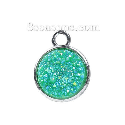 Picture of Zinc Based Alloy & Resin Druzy/ Drusy Charms Round Silver Tone Green AB Color 18mm( 6/8") x 15mm( 5/8"), 5 PCs