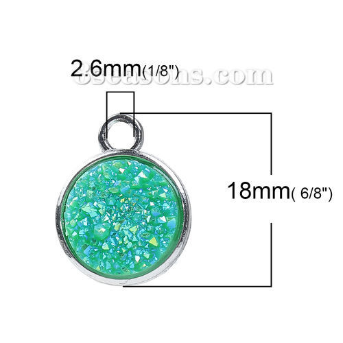 Image de Breloque en Alliage de Zinc & Résine Druzy Rond Argent Mat Vert Couleur AB 18mm x 15mm, 5 Pcs