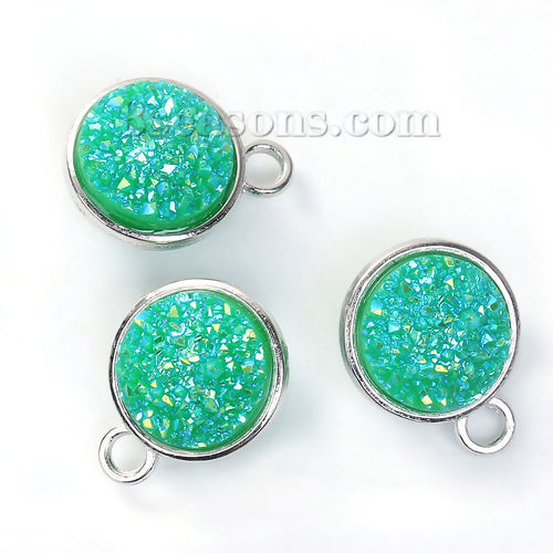 Image de Breloque en Alliage de Zinc & Résine Druzy Rond Argent Mat Vert Couleur AB 18mm x 15mm, 5 Pcs