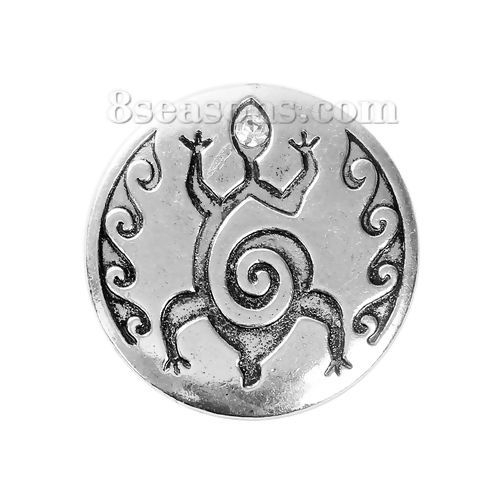 Picture of Zinc Based Alloy Boho Chic Pendants Lizard Antique Silver Color Round Disc Clear Rhinestone 35mm(1 3/8") Dia, 3 PCs