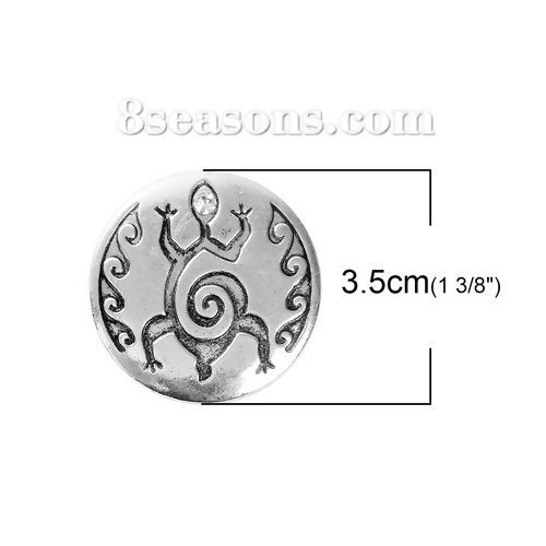 Picture of Zinc Based Alloy Boho Chic Pendants Lizard Antique Silver Color Round Disc Clear Rhinestone 35mm(1 3/8") Dia, 3 PCs