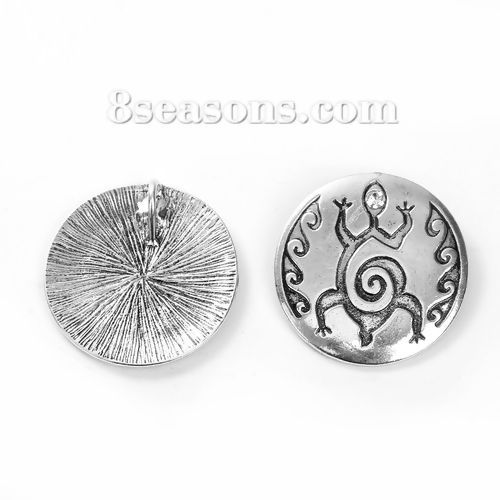 Picture of Zinc Based Alloy Boho Chic Pendants Lizard Antique Silver Color Round Disc Clear Rhinestone 35mm(1 3/8") Dia, 3 PCs