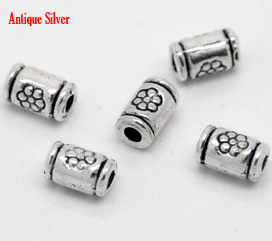 Picture of Zinc Based Alloy Spacer Beads Cylinder Antique Silver Color Flower Carved About 5mm x 3mm, Hole:Approx 1.7mm, 250 PCs
