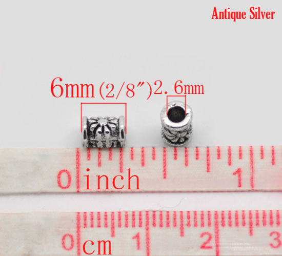 亜鉛合金 スペーサ ビーズ 円筒形 銀古美 花パターン 約6mm 直径、 　穴：約2.6mm、 120 PCs の画像