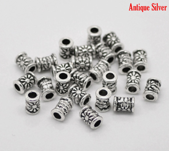 Picture of Zinc Based Alloy Spacer Beads Cylinder Antique Silver Color Flower Carved About 6mm Dia, Hole:Approx 2.6mm, 120 PCs