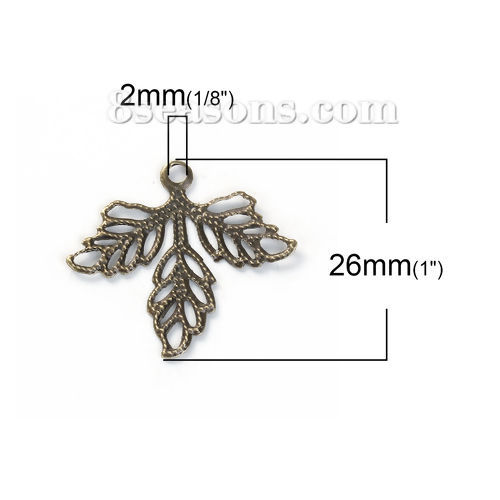 Immagine di Lega di Ferro Charms Foglia Bronzo Antico Filigrana 26mm x 23mm , 100 Pz