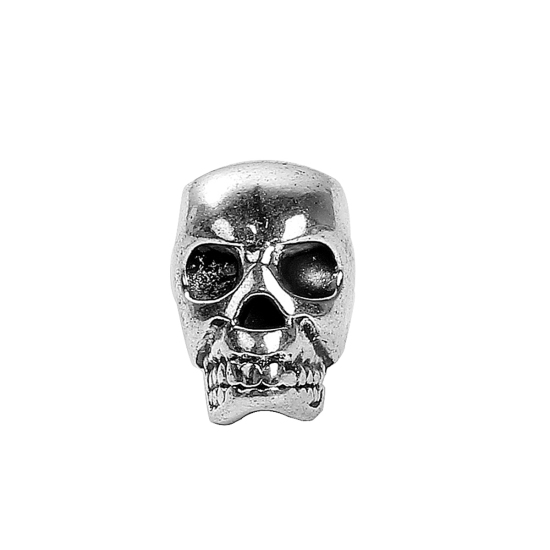 Bild von Zinklegierung Halloween 3D Zwischenperlen Spacer Perlen Schädel Antiksilber 12mm x 8mm, Loch:ca.. 3.7mm, 30 Stück