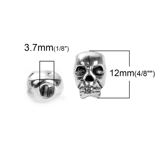 Picture of Zinc Based Alloy Halloween 3D Spacer Beads Skull Antique Silver Color 12mm x 8mm, Hole: Approx 3.7mm, 30 PCs