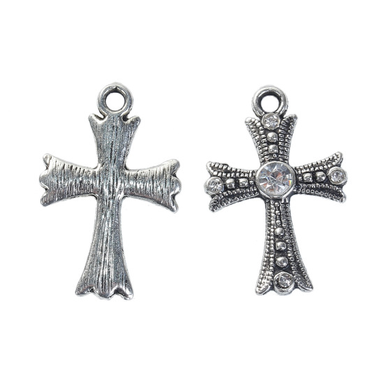 Picture of Zinc Based Alloy Easter Charms Cross Antique Silver Color Clear Rhinestone 26mm(1") x 17mm( 5/8"), 10 PCs