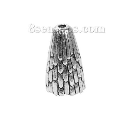 Immagine di Lega di Zinco Coppette Copriperla Cono Argento Antico Piuma Disegno (Addetti 12mm Perline) 29mm x 18mm, 2 Pz