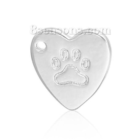 Image de Breloque en Laiton Cœur Empreintes d'Ours Argent Mat 11mm x 10mm, 2 Pcs