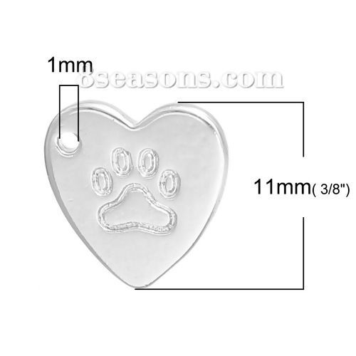Picture of Brass Charms Heart Silver Tone Bear Paw Print 11mm( 3/8") x 10mm( 3/8"), 2 PCs                                                                                                                                                                                