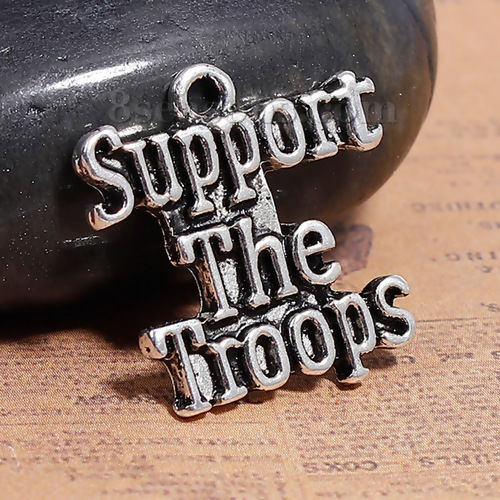 Picture of Zinc Based Alloy Charms Irregular Antique Silver Color Message " Support The Troops " 21mm( 7/8") x 20mm( 6/8"), 10 PCs