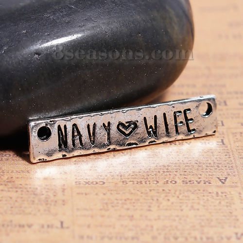 Picture of Zinc Based Alloy Connectors Rectangle Antique Silver Color Message " NAVY WIFE " 30mm x 6mm, 10 PCs